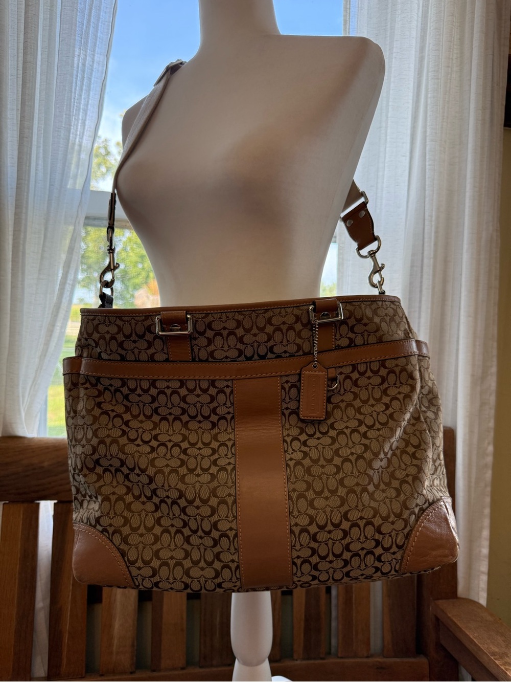 Vintage Coach Monogram Canvas Shoulder Tote in Brown and Tan
